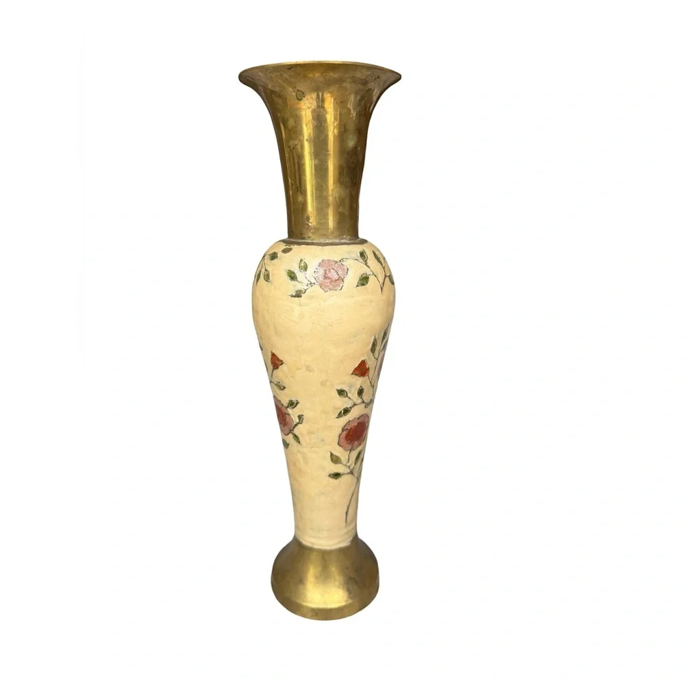 Solid Brass Decorative Vase With Enamel Hand Painted Floral Design 11”